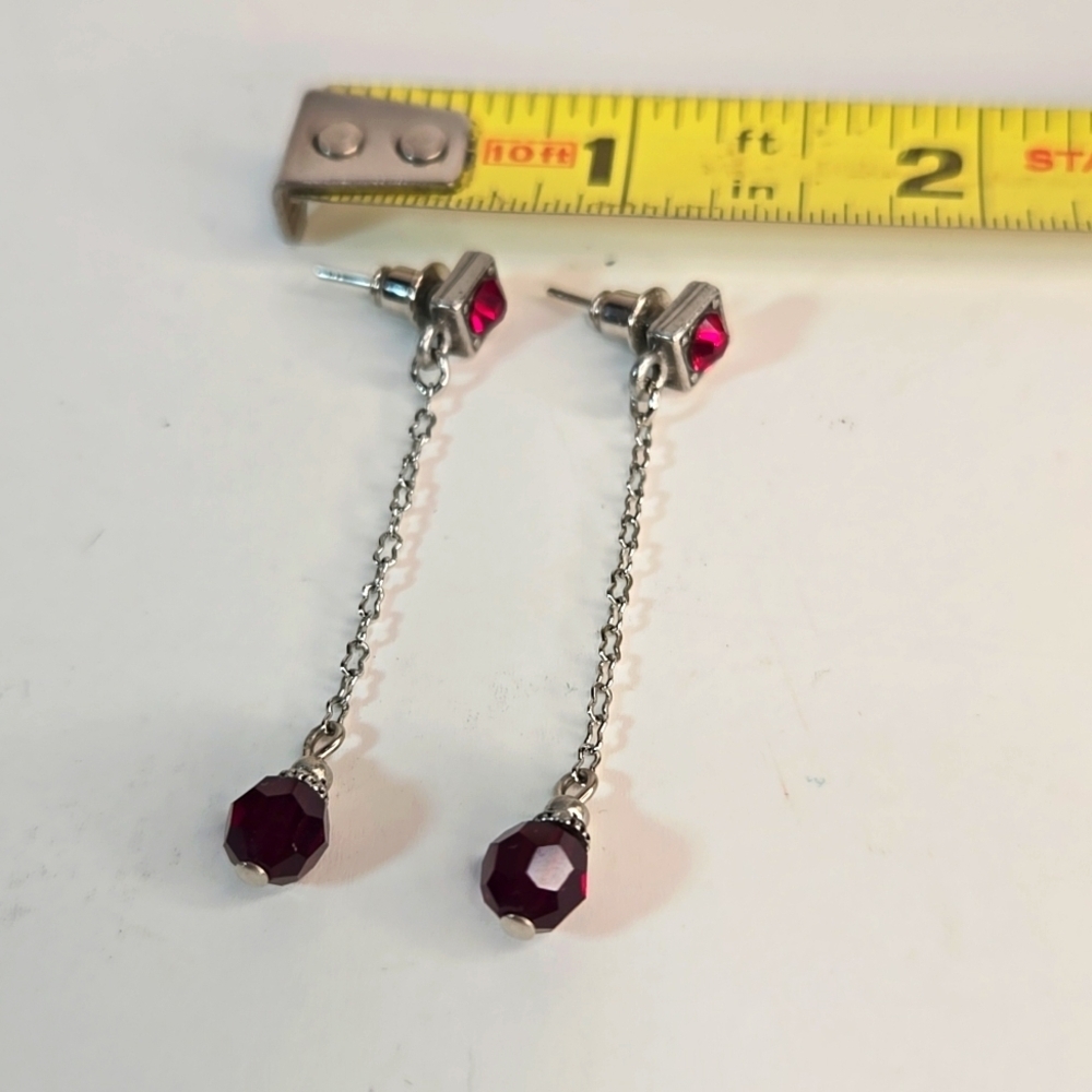 NWOT Artisan Silver and Red Crystal Dangle Drop Earrings Dainty Lightweight - Picture 6 of 7